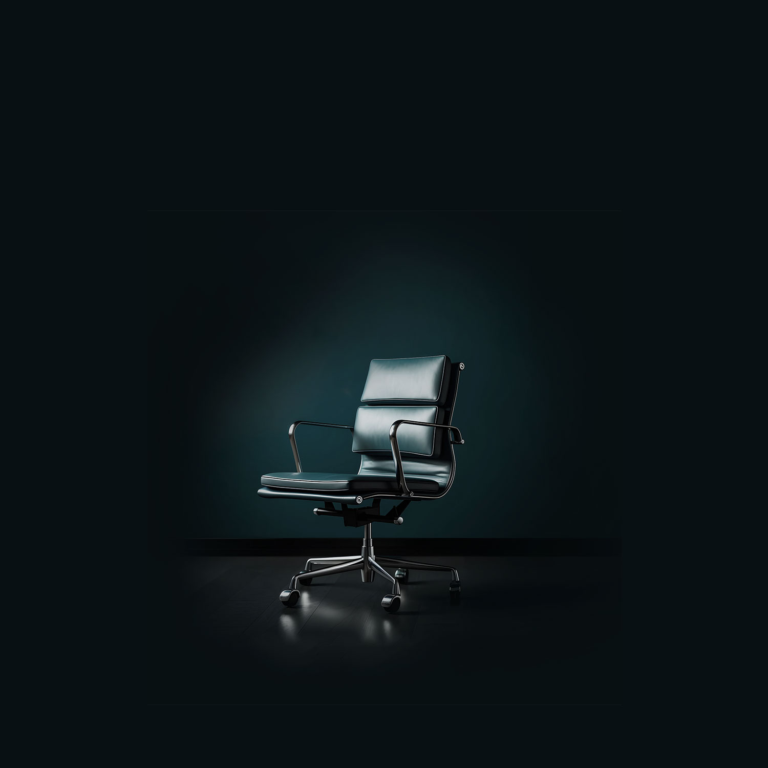 An image of an empty office chair in a dark room.